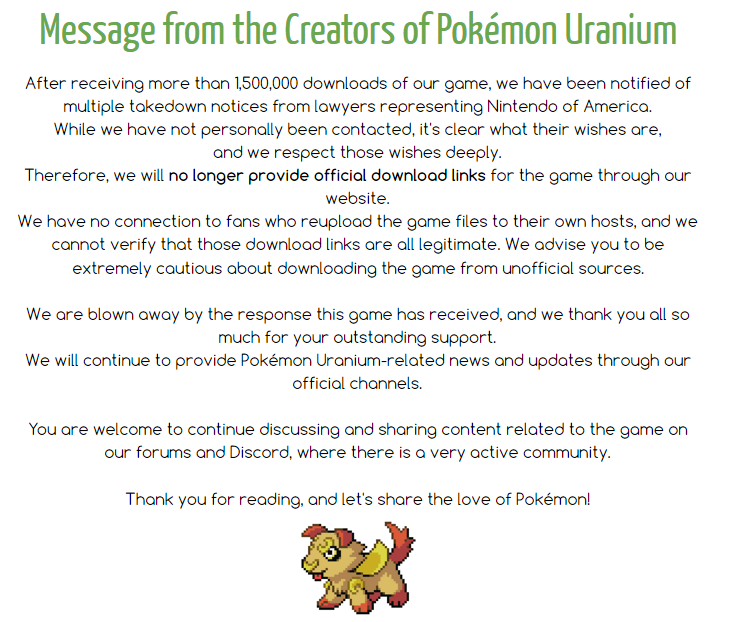 Pokémon Uranium developers remove game after receiving takedown notices